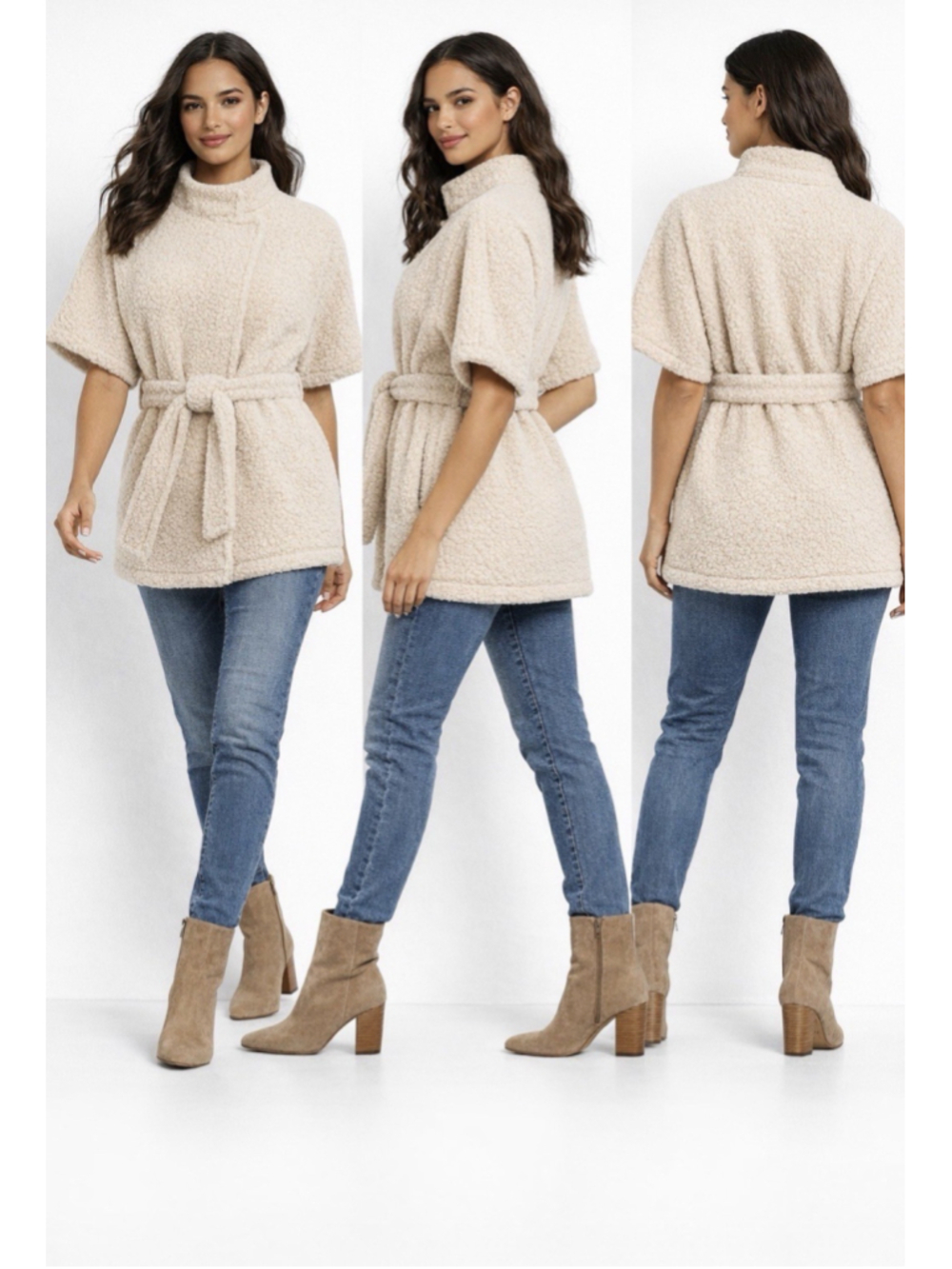 Liz Claiborne Beige Belted Snap Short Sleeve Mid-Length Jacket L